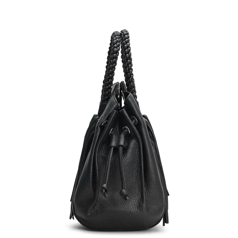 Da Milano Black Medium Wax Leather Satchel - Black for Women | Best Price UAE